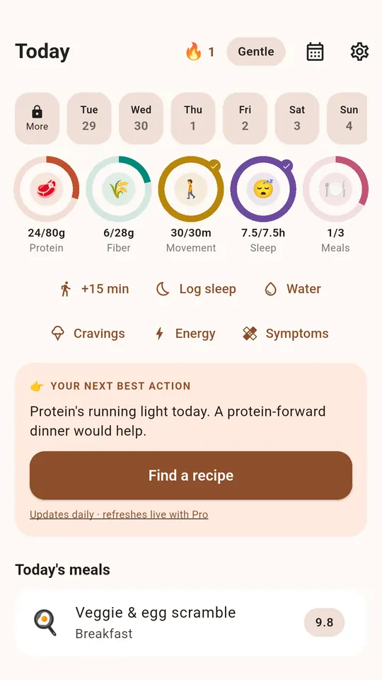 Gentle Mode in PCOS Weight Loss: no calories and no scale anywhere in the app.