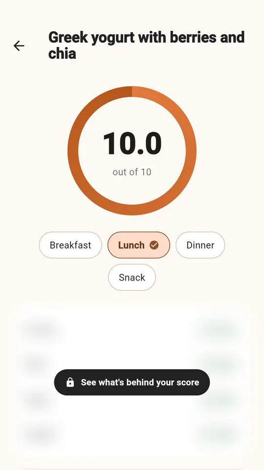 The PCOS Weight Loss meal score screen: a 0–10 score with protein, fiber, added sugar and quality.